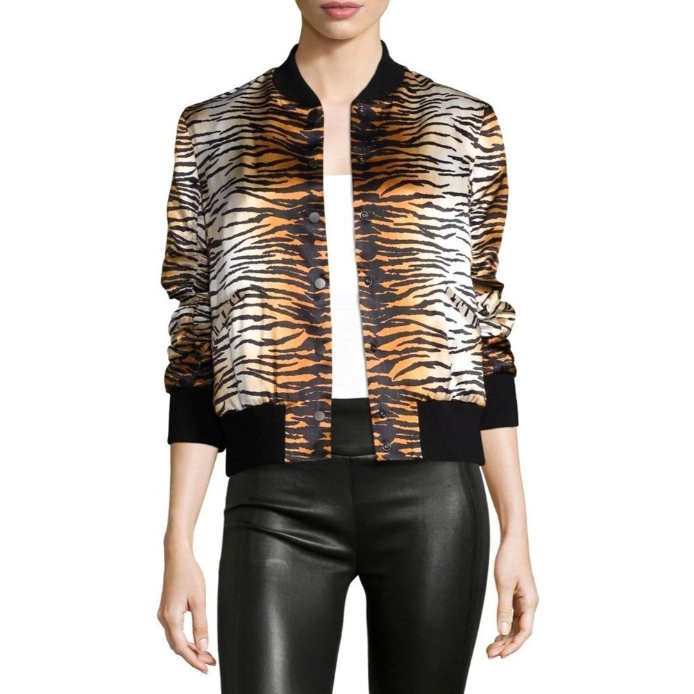 A.L.C. Black And Brown Silk Lloyd Tiger Animal Print Varsity Jacket Size 6